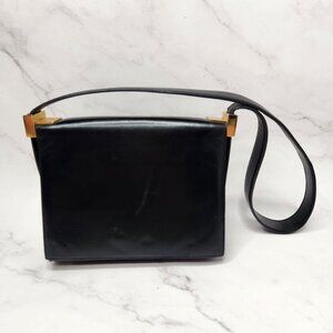 VTG St. John Black Leather Shoulder Bag Purse Minimalist Gold Hardware